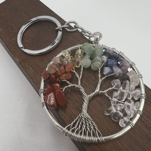Natural Gemstone Tree Of Life Keychain Chakra Healing Wire Wrapped Handmade - Picture 1 of 7
